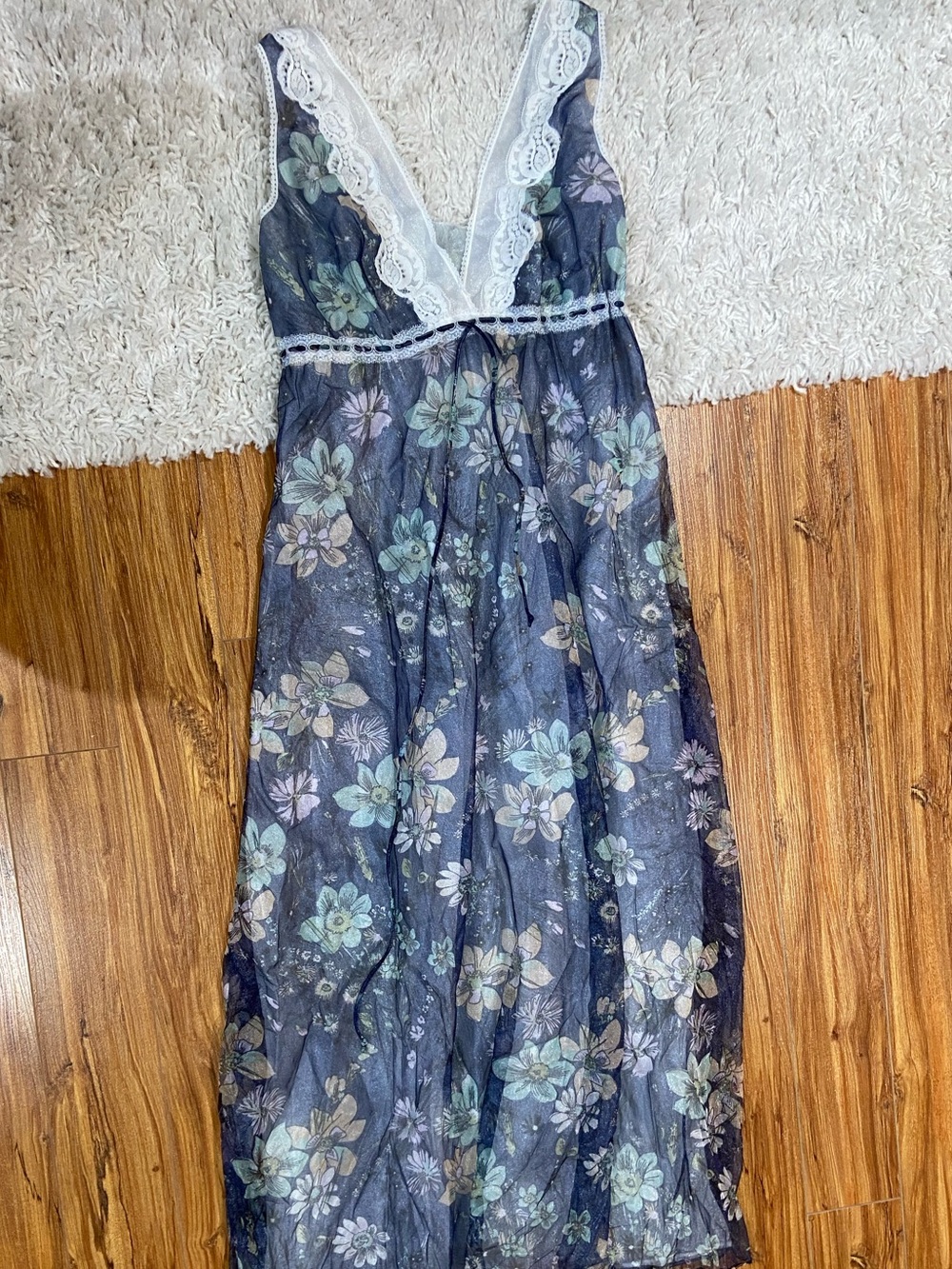 Sheer Navy Floral Vintage Nightgown with Lace Trim